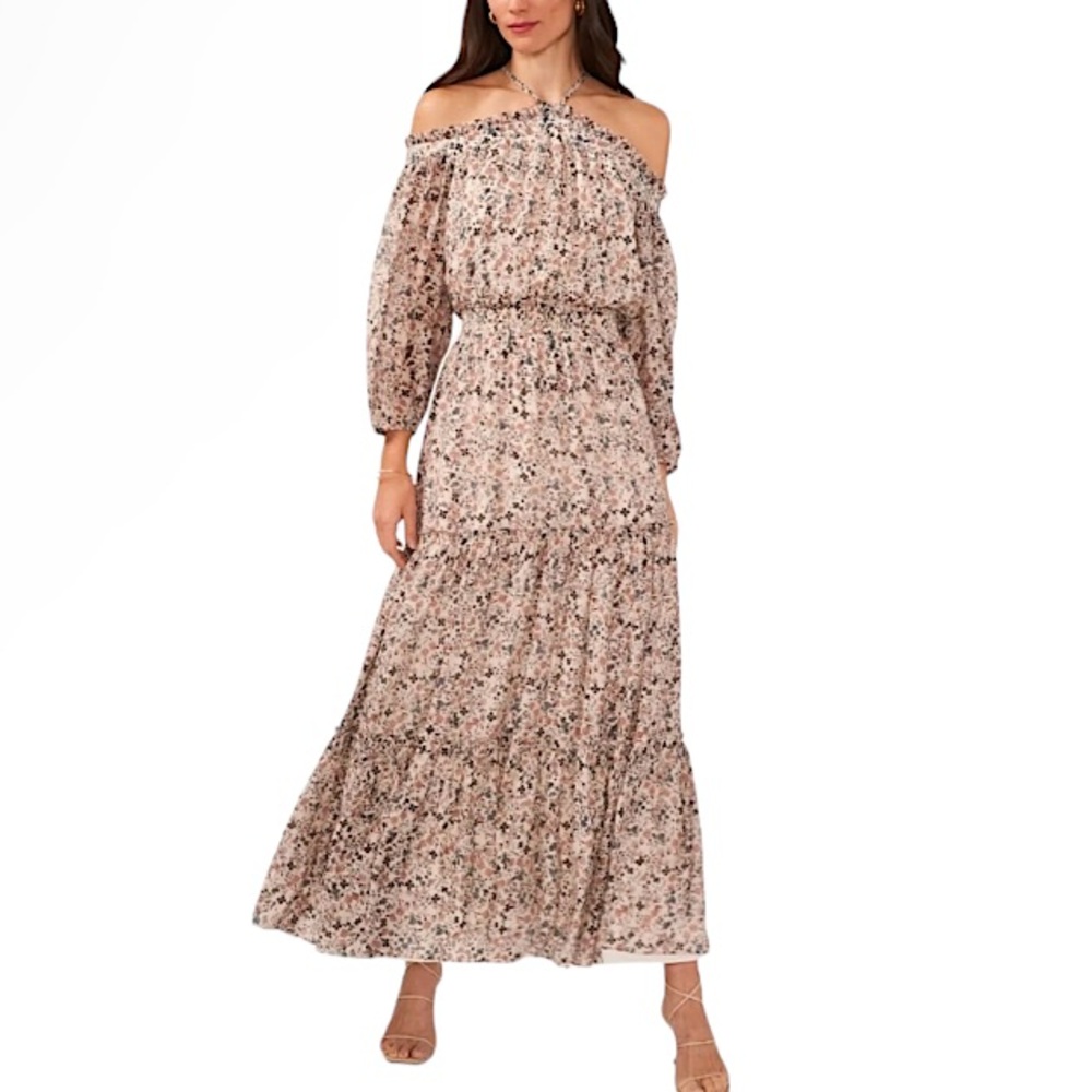 1. State Floral Tiered Smocked Waist Cold Shoulder Halter Neck Boho Maxi Dress